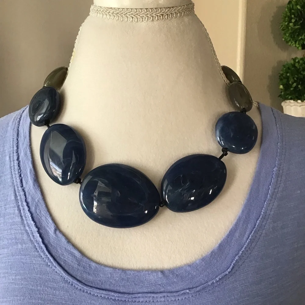 Blue River Stone Look Statement Necklace Blue Gray Flat Beads Black Cord NEW - Picture 1 of 9